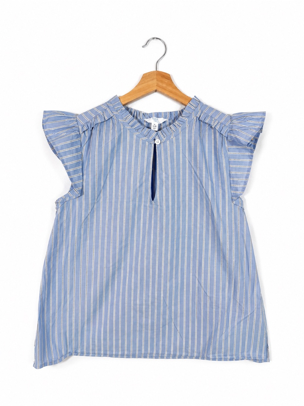 NWT Time and Tru 100% Cotton Striped Ruffle Sleeve Blouse Keyhole Size S Preppy
